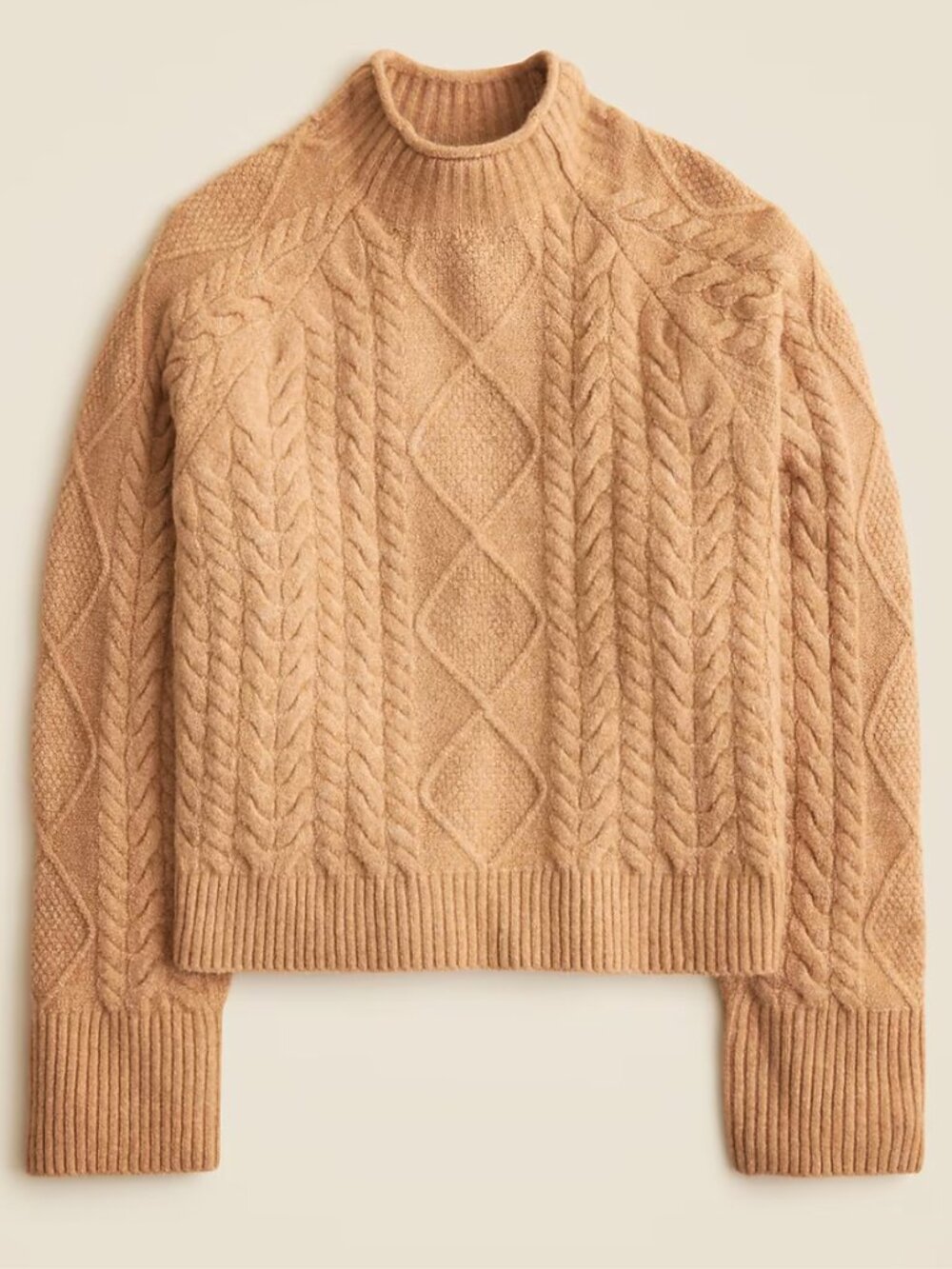 Like New J.Crew Cable-Knit Rollneck Sweater in Supersoft Yarn, Camel, size L.